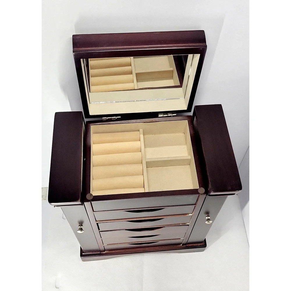 Large Wood Jewelry Box Armoire Mirror 5 Drawers Side Doors Necklace Storage
